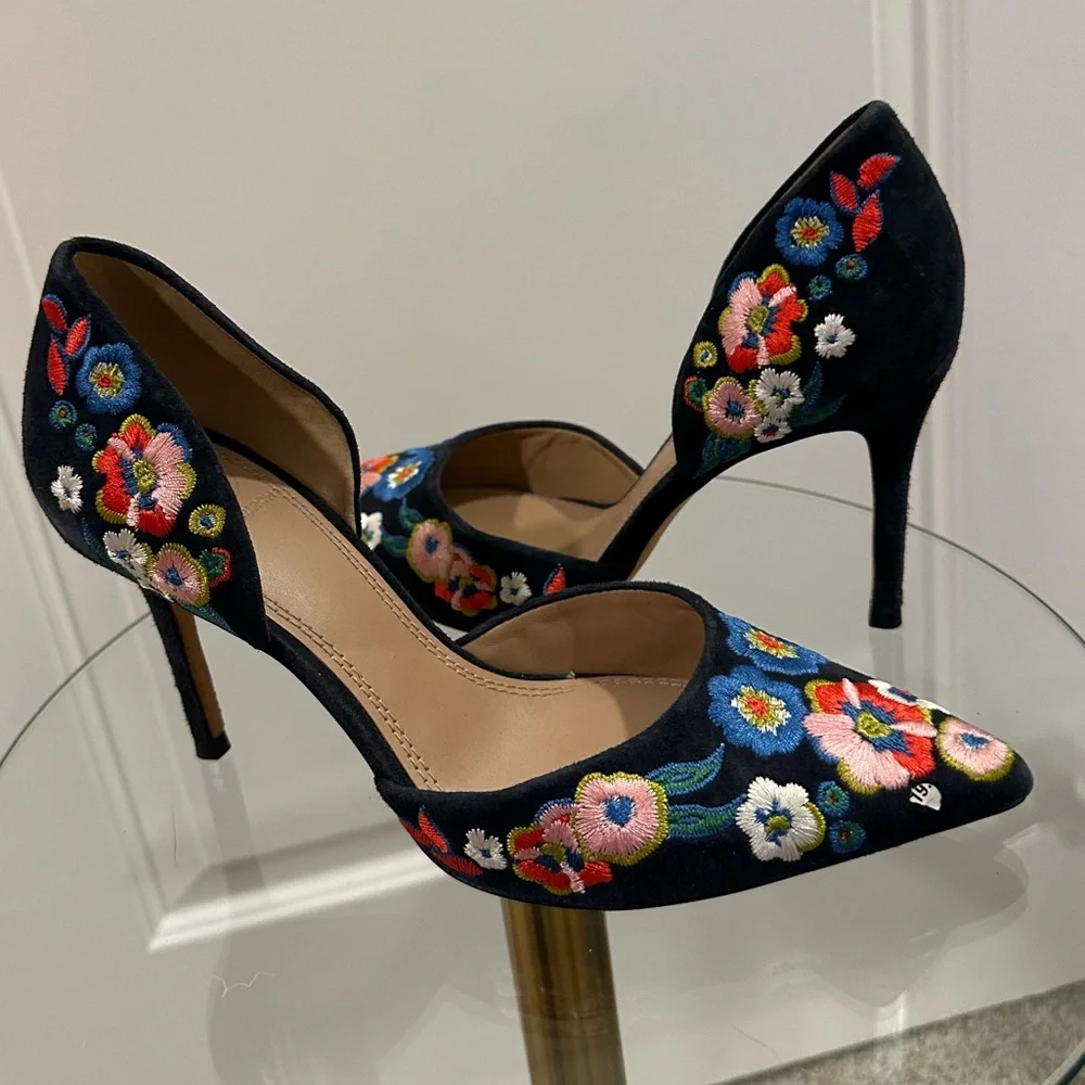 Tory Burch Rosemont Embroidered d'Orsay Pump Heels in Navy Blue, size 6.5